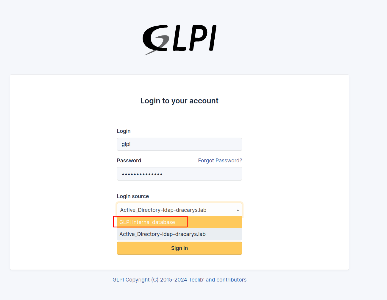 Logging in as glpi — Login source set to GLPI internal database